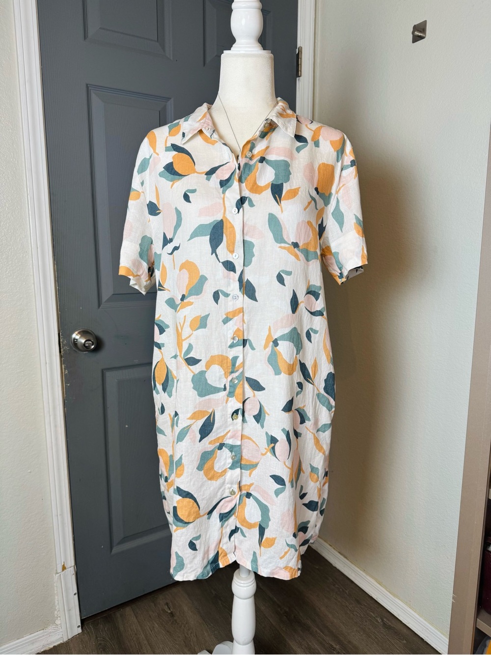 Rachel Zoe 100% Linen Floral Shirt Dress Button Front Short Sleeve Midi Medium